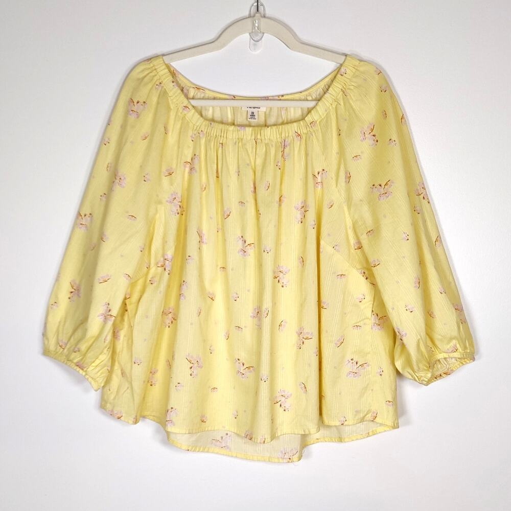 Ana Peasant Top Floral Butter Yellow 100% Cotton XL Romantic Boho Chic Summer